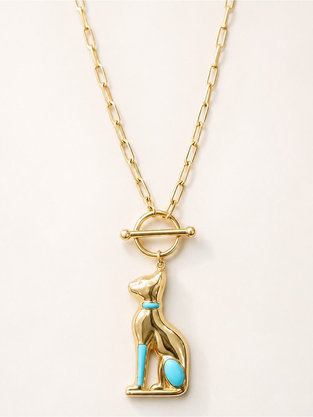 18k solid Gold Cat Pendant Necklace with Turquoise Inlay